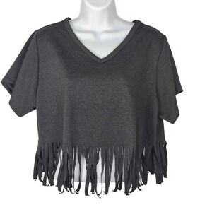 Almost Pink  Charcoal  Fringe Hem V-Neck Crop Top T-Shirt M vtg y2k goth romance